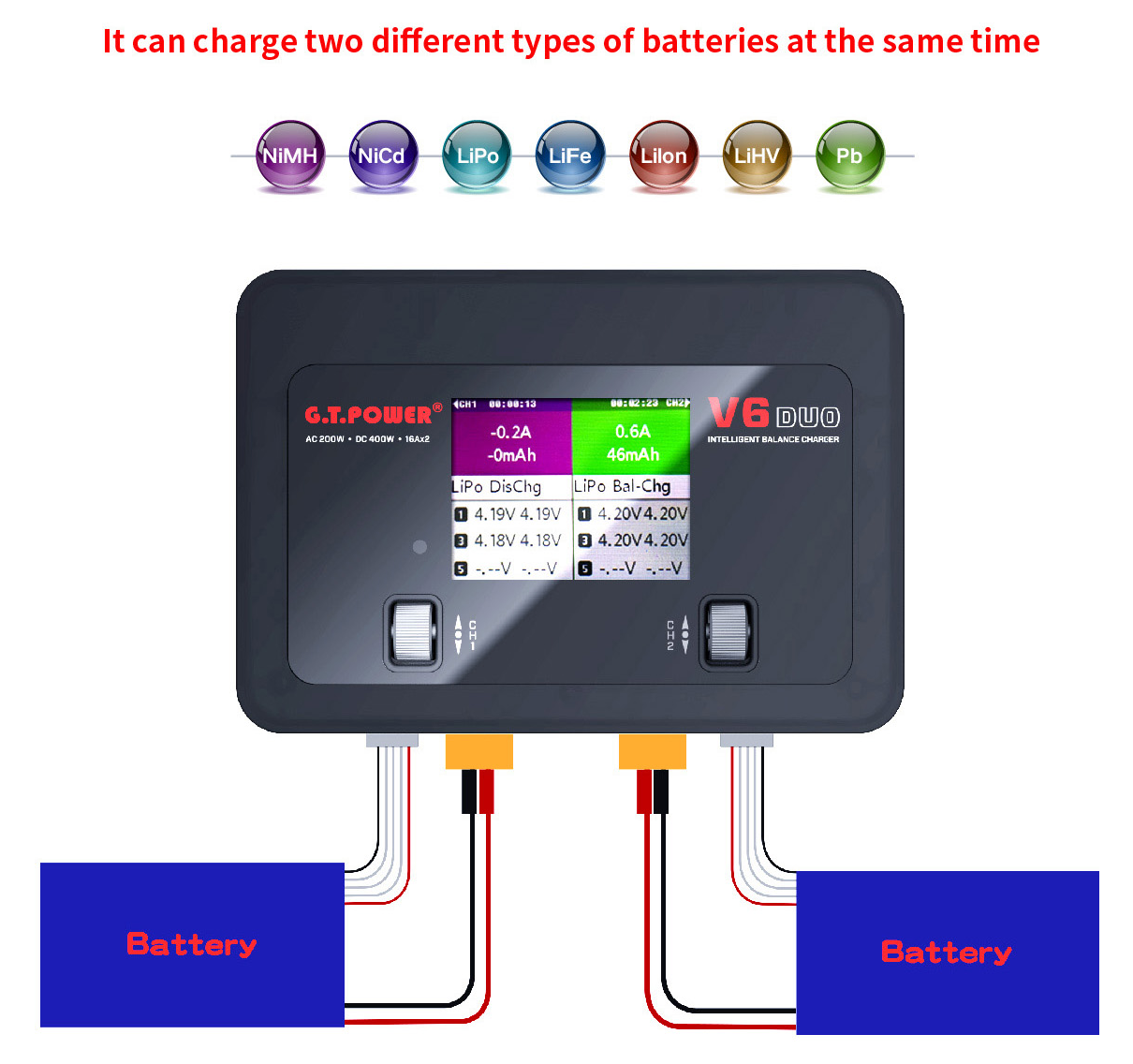 G.T. Power V6 DUO AC 200W DC 400W 2x16A Battery Charger Discharger