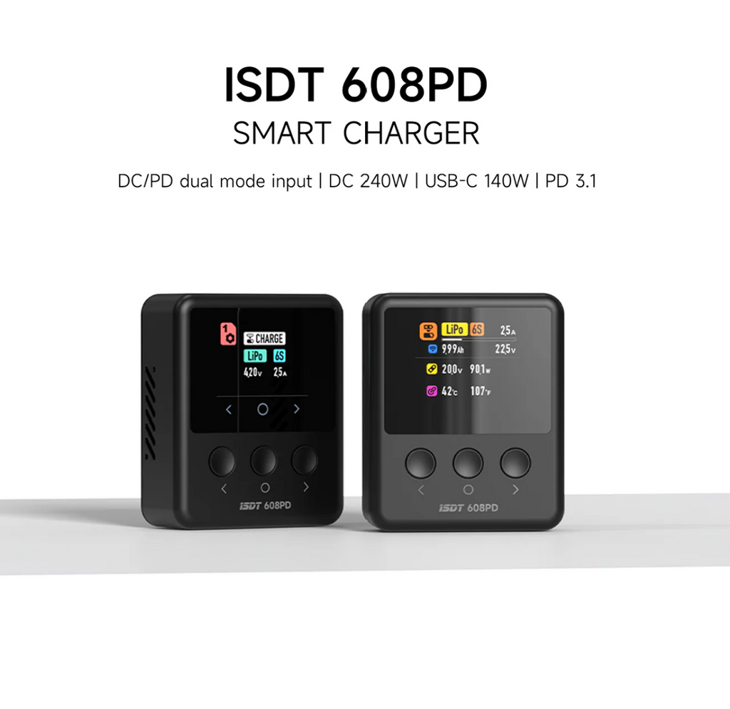 ISDT 608PD Lipo Charger,DC 240W/10A USB C 140W/5A Smart Digital Charger for RC Batteries,Universal Balance Discharge Charger for LiFe/Lilon/LiPo/LiHV (1-6S),NiMH(1-16S),Pb (1-12S) Batteries