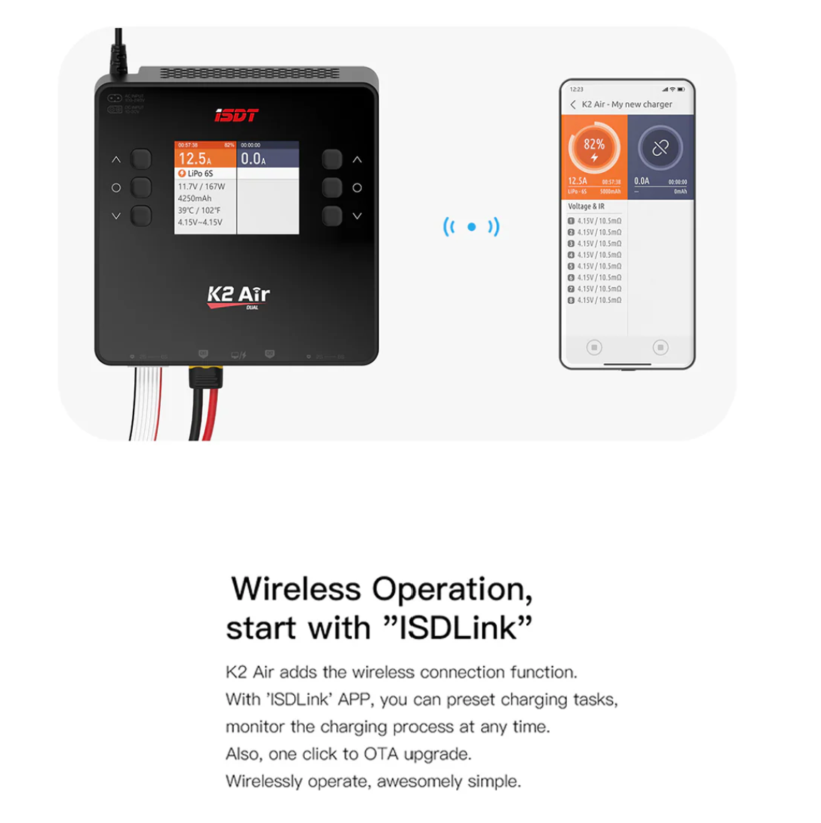 K2 Air Bluetooth Remote Control Lipo Charger,AC/DC 200W/500Wx2 20A Smart Balance Discharger/Charger