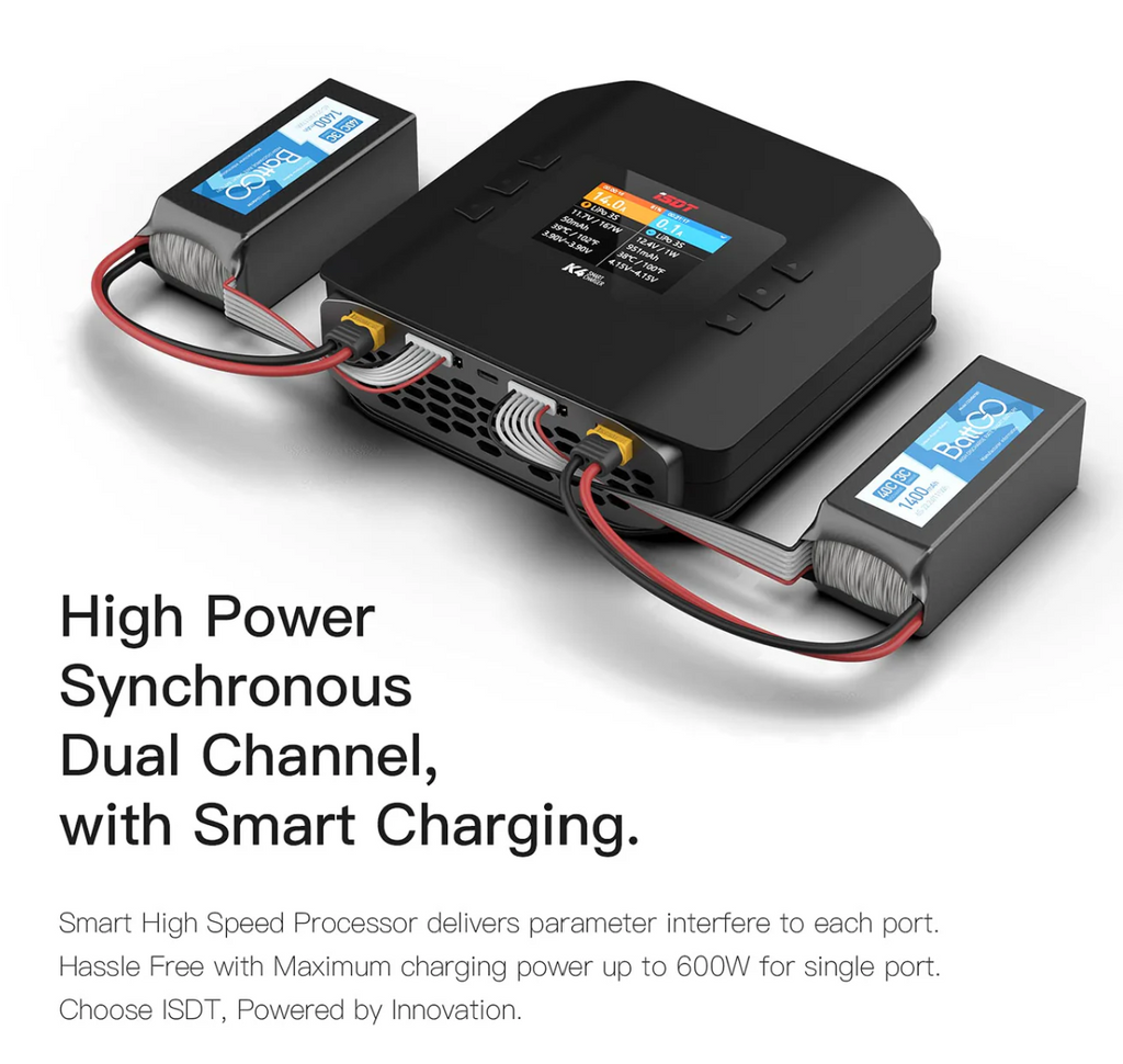 ISDT K4 LiPo Charge/Discharge Cycle Mode Charger,AC 400W DC 600Wx2 Smart Remote Mobile Operation Charger