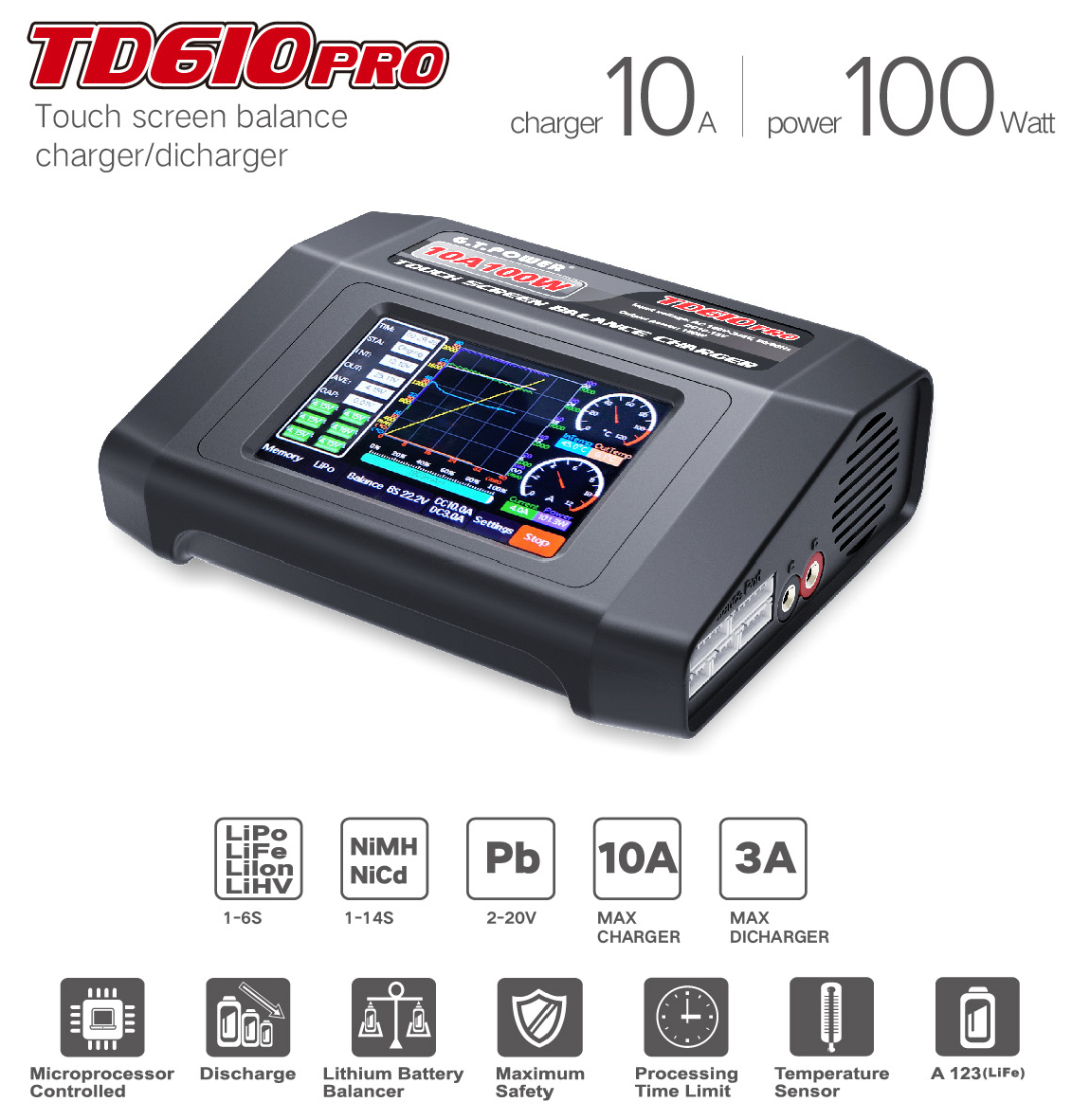 G.T. Power TD610 PRO 100W 10A AC DC Touch Screen Battery Charger Discharger