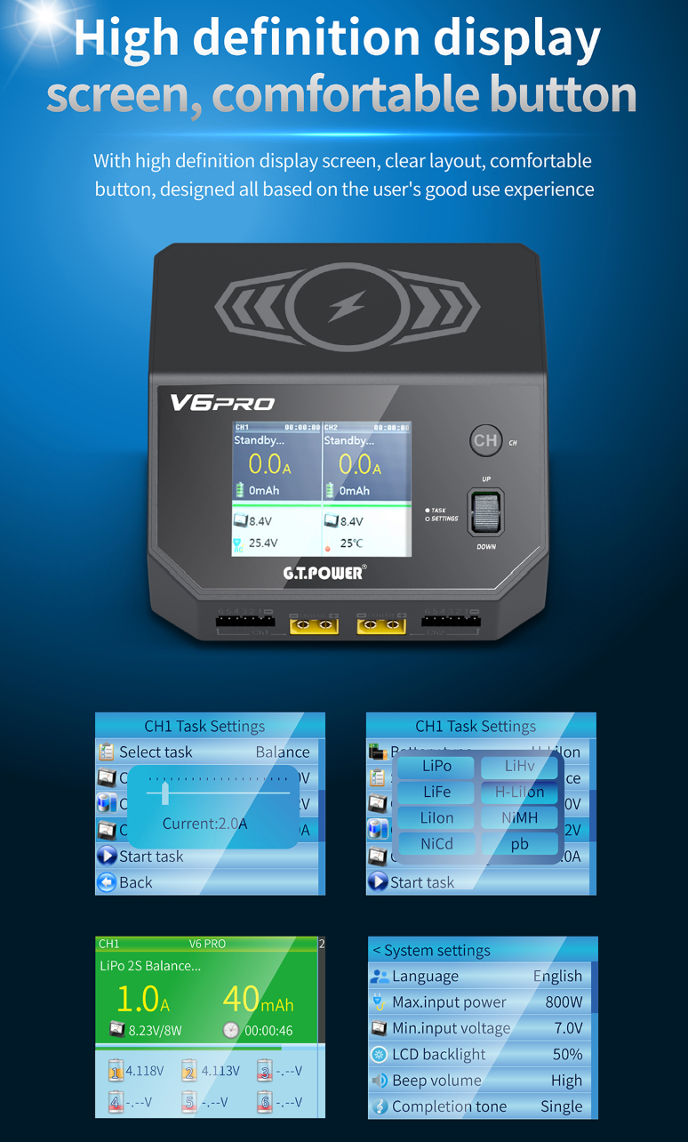 GT.POWER V6 Pro AC/DC Dual-Channel Intelligent Balance Charger Discharger