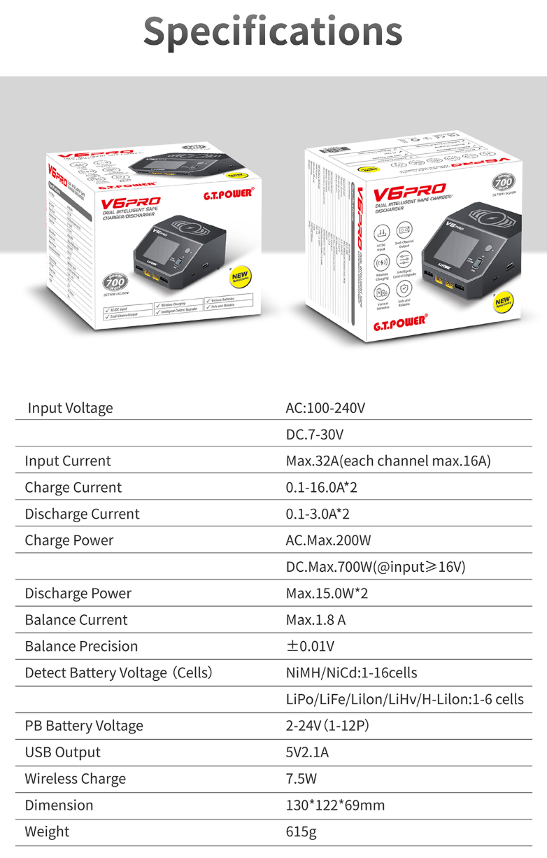 GT.POWER V6 Pro AC/DC Dual-Channel Intelligent Balance Charger Discharger