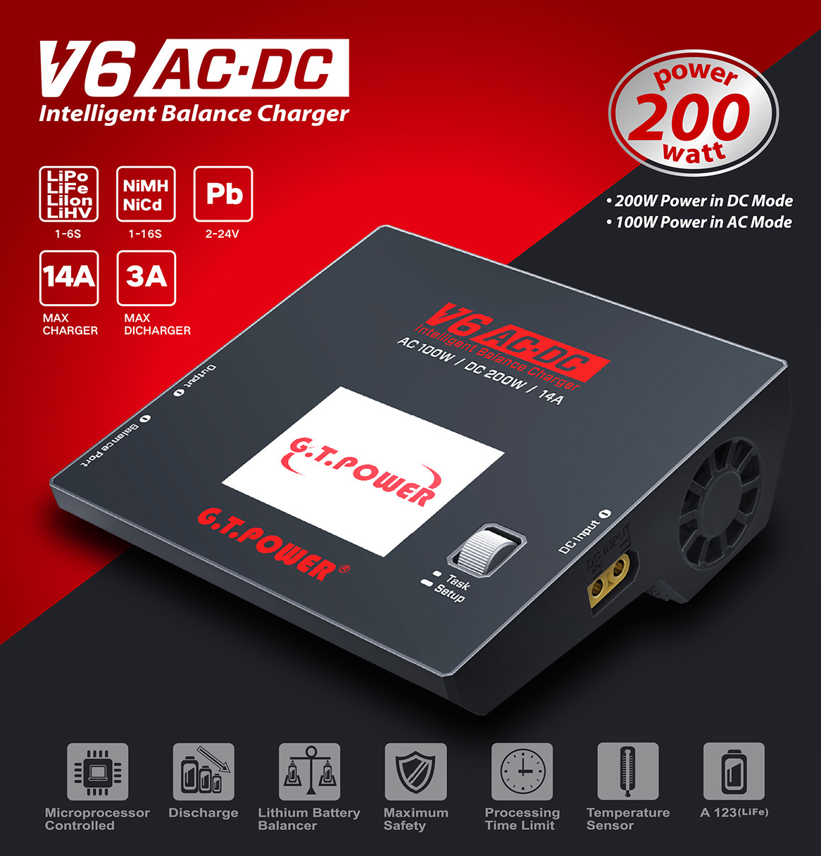 G.T. Power V6 AC 100W AC 200W 14A Battery Charger Discharger