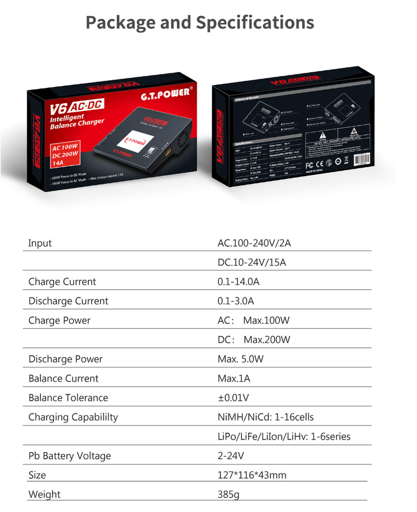 G.T. Power V6 AC 100W AC 200W 14A Battery Charger Discharger