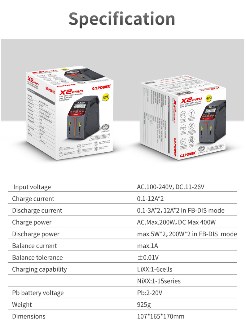 G.T. Power X2 Air/PRO V2 AC/DC Dual Channels Intelligent Balance Charger Discharger