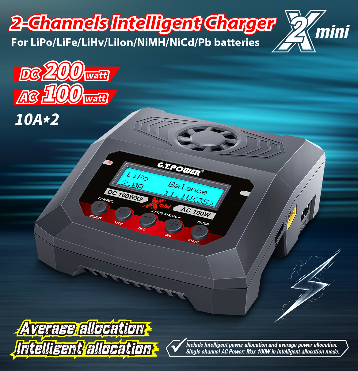 G.T. Power X2 100W AC / 100W x4 AC/DC Mini Charger