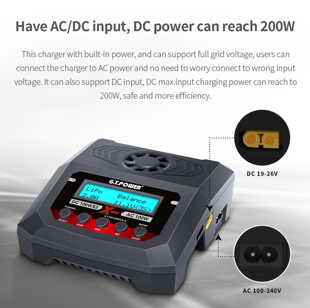 G.T. Power X2 100W AC / 100W x4 AC/DC Mini Charger