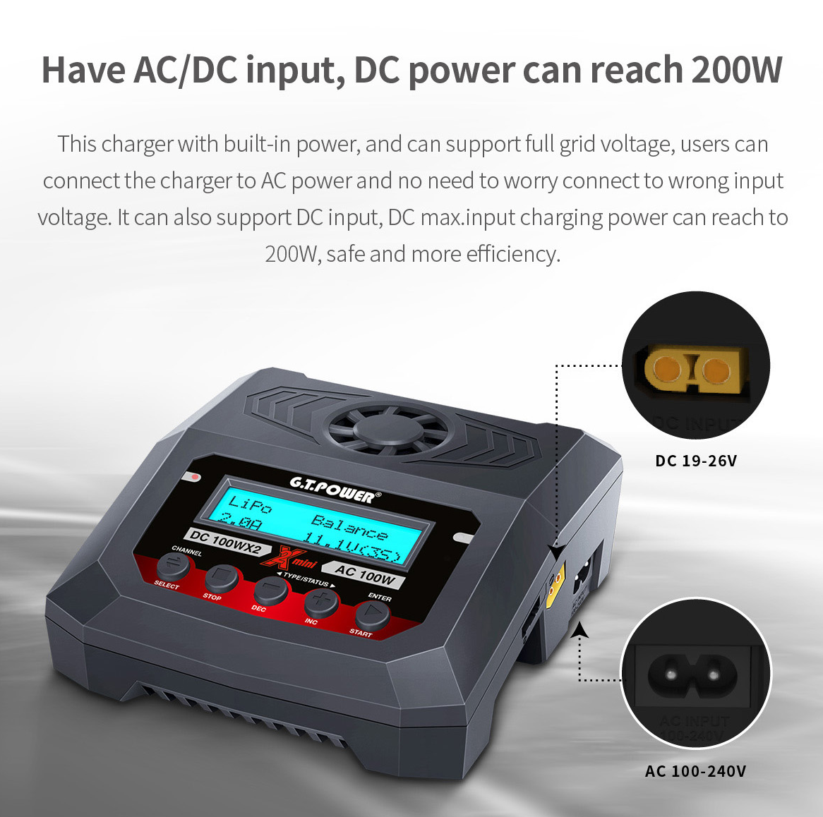 G.T. Power X2 100W AC / 100W x4 AC/DC Mini Charger