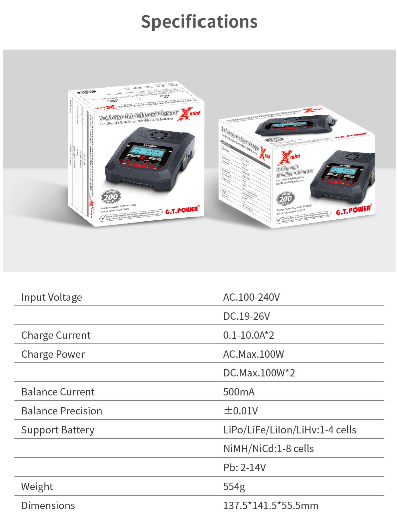 G.T. Power X2 100W AC / 100W x4 AC/DC Mini Charger