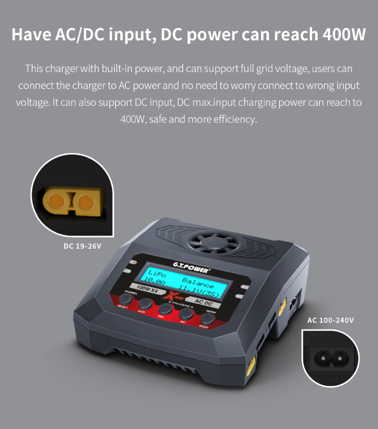 G.T. Power X4 100W AC / 100W x4 AC/DC Mini Charger