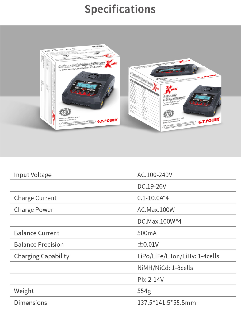 G.T. Power X4 100W AC / 100W x4 AC/DC Mini Charger