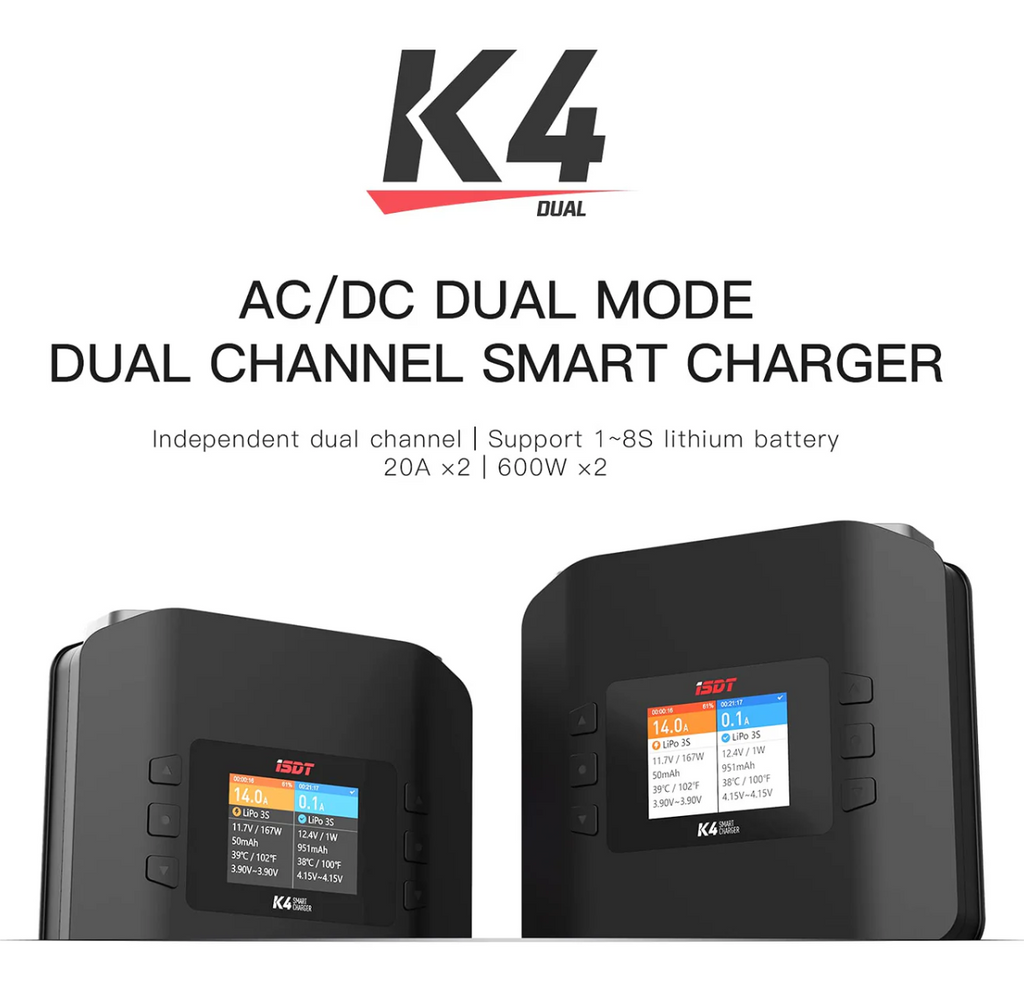 ISDT K4 LiPo Charge/Discharge Cycle Mode Charger,AC 400W DC 600Wx2 Smart Remote Mobile Operation Charger